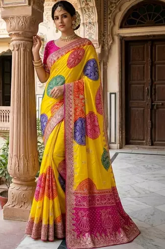 Yellow bandhani zari heavy work saree