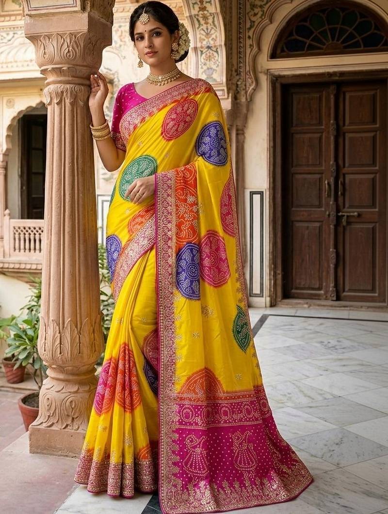 Yellow bandhani zari heavy work saree