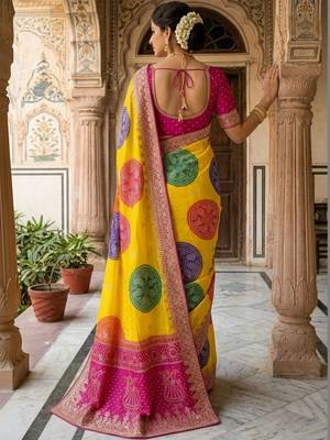 Yellow bandhani zari heavy work saree 2