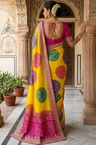 Yellow bandhani zari heavy work saree