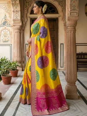 Yellow bandhani zari heavy work saree 3