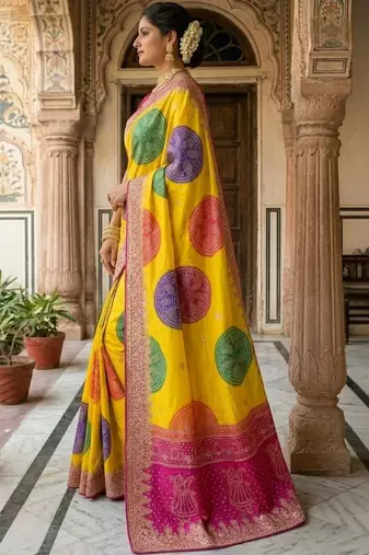 Yellow bandhani zari heavy work saree