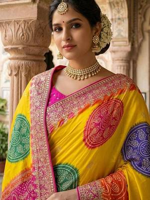 Yellow bandhani zari heavy work saree 4
