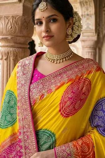 Yellow bandhani zari heavy work saree