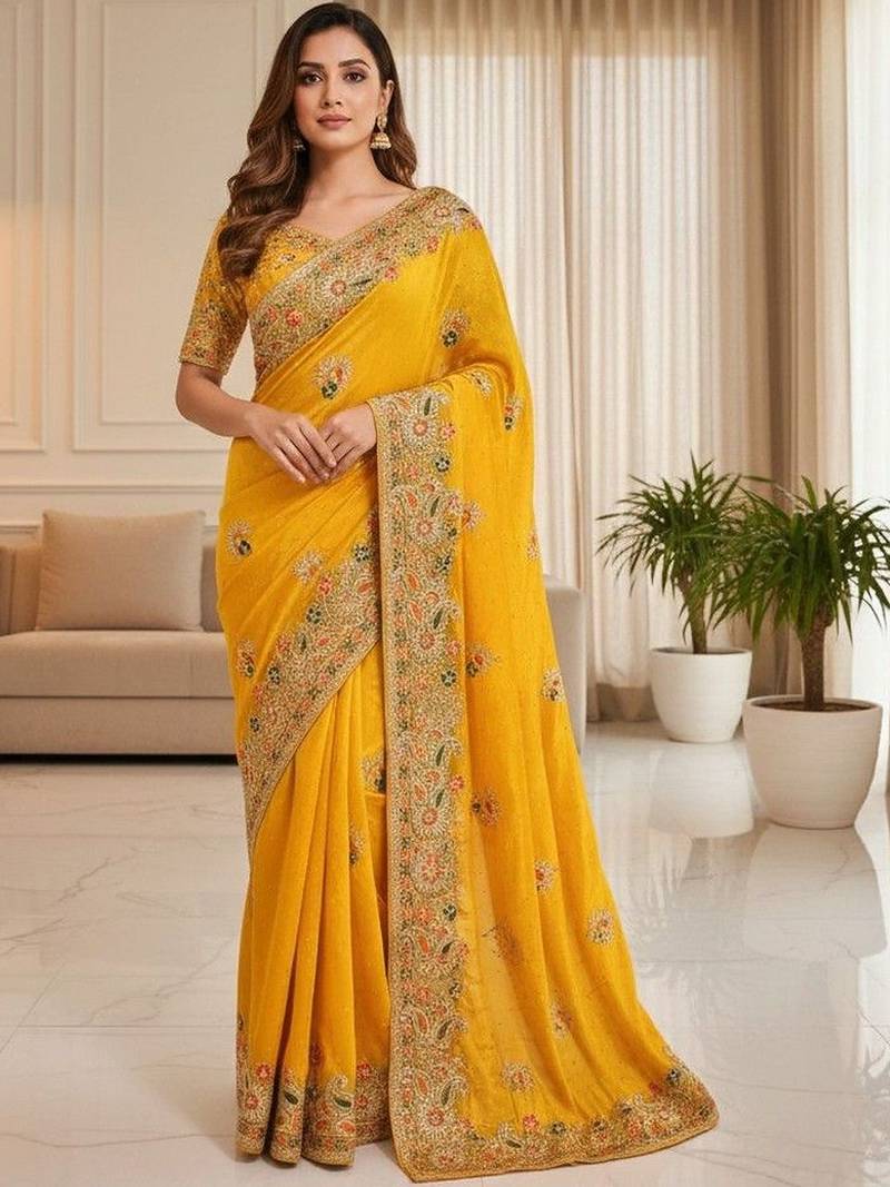 Yellow ethnic motifs embroidered organza heavy work saree