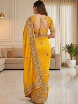 Yellow ethnic motifs embroidered organza heavy work saree 2