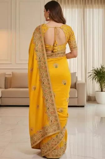 Yellow ethnic motifs embroidered organza heavy work saree