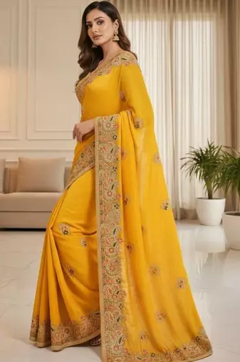 Yellow ethnic motifs embroidered organza heavy work saree