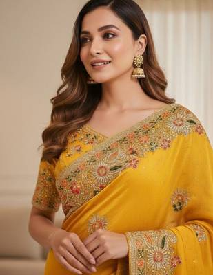 Yellow ethnic motifs embroidered organza heavy work saree 4
