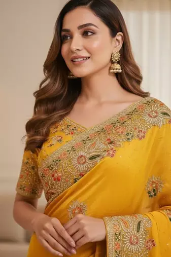 Yellow ethnic motifs embroidered organza heavy work saree