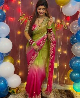 Multicolor woven design satin fusion saree 1