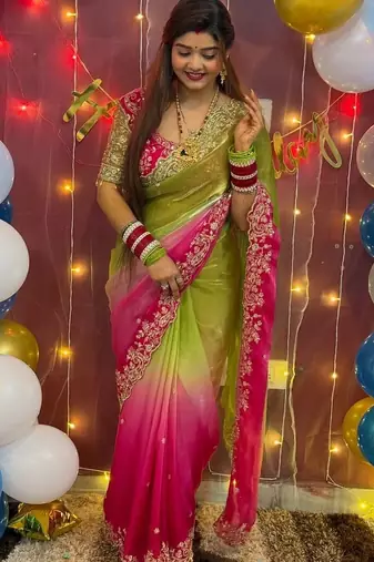 Multicolor woven design satin fusion saree