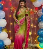 Multicolor woven design satin fusion saree