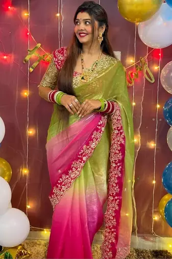 Multicolor woven design satin fusion saree