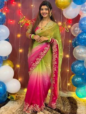 Multicolor woven design satin fusion saree 3