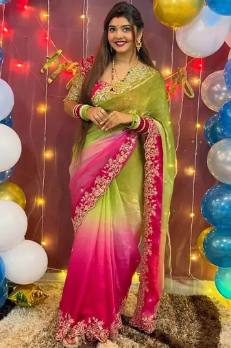 Multicolor woven design satin fusion saree