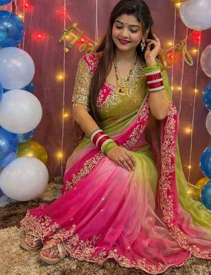 Multicolor woven design satin fusion saree 4