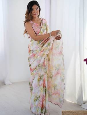 Off white floral sequinned pure chiffon saree 1