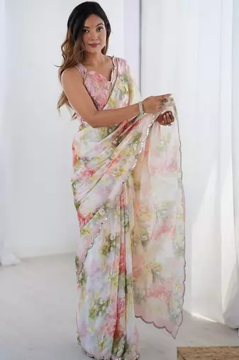 Off white floral sequinned pure chiffon saree
