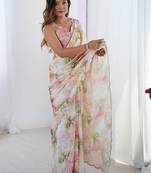 Off white floral sequinned pure chiffon saree