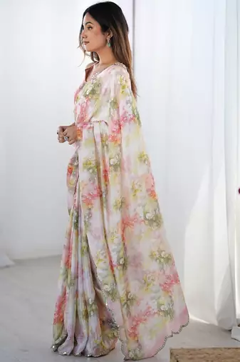 Off white floral sequinned pure chiffon saree