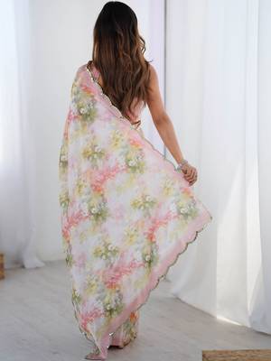 Off white floral sequinned pure chiffon saree 3