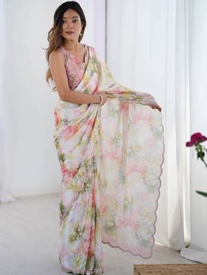Off white floral sequinned pure chiffon saree 4