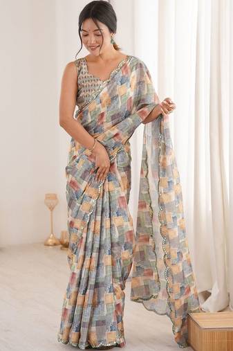 Multicolor sequinned pure chiffon ikat saree