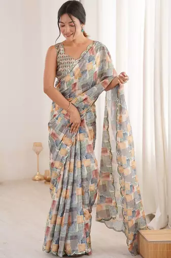 Multicolor sequinned pure chiffon ikat saree