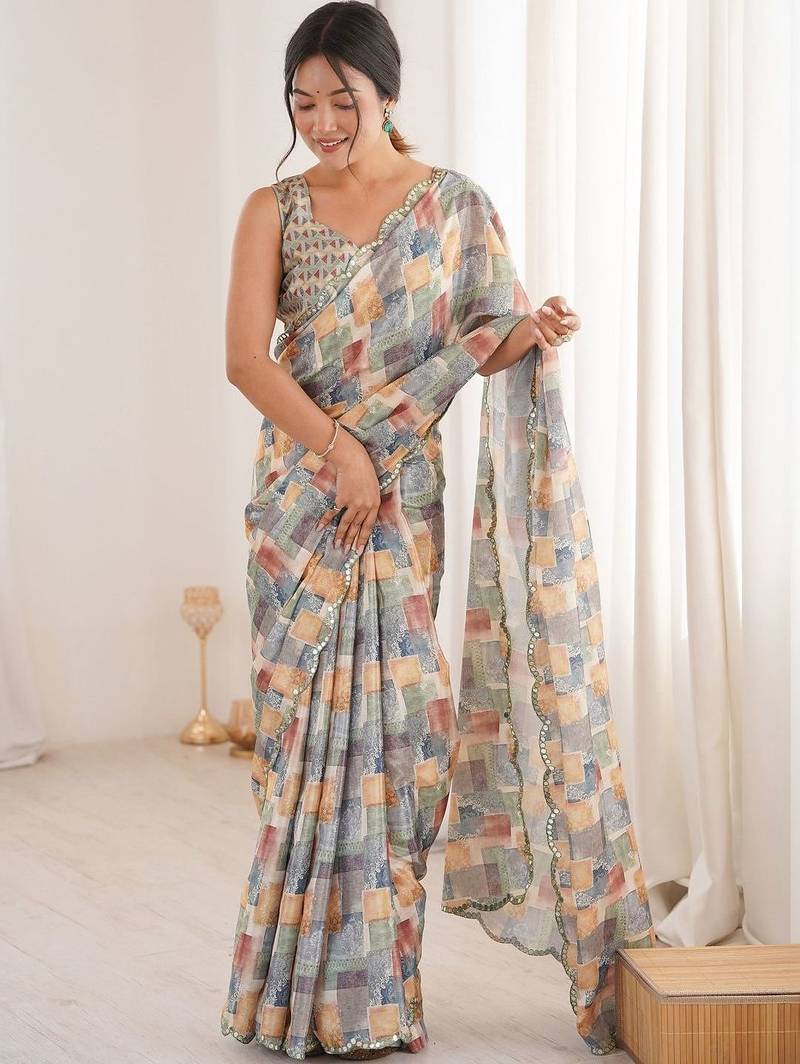 Multicolor sequinned pure chiffon ikat saree