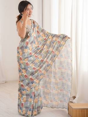 Multicolor sequinned pure chiffon ikat saree 2