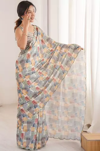Multicolor sequinned pure chiffon ikat saree