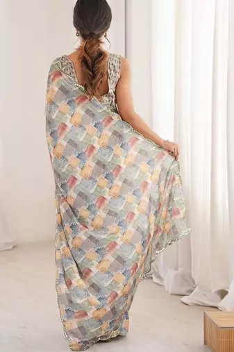 Multicolor sequinned pure chiffon ikat saree