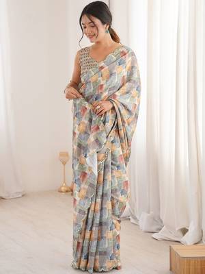 Multicolor sequinned pure chiffon ikat saree 4