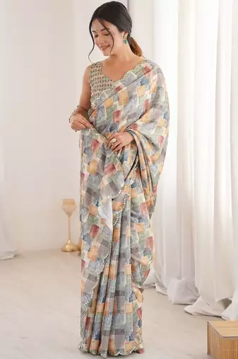 Multicolor sequinned pure chiffon ikat saree