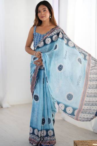 Blue mirror work pure chiffon saree