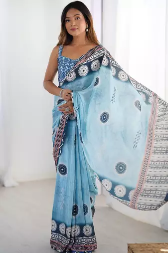 Blue mirror work pure chiffon saree
