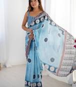 Blue mirror work pure chiffon saree