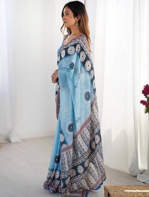 Blue mirror work pure chiffon saree 2