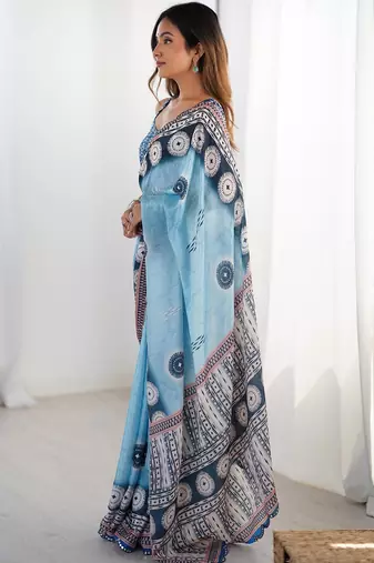 Blue mirror work pure chiffon saree