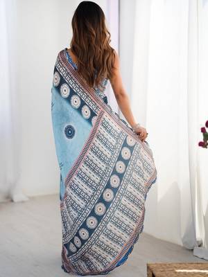 Blue mirror work pure chiffon saree 3