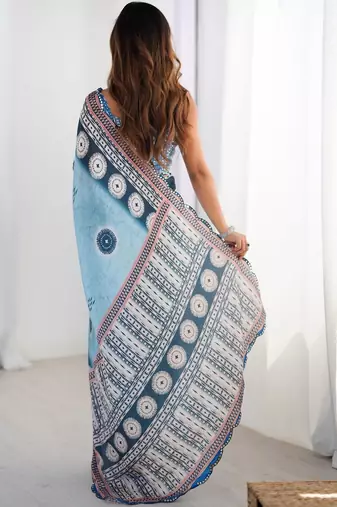 Blue mirror work pure chiffon saree