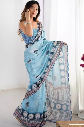 Blue mirror work pure chiffon saree