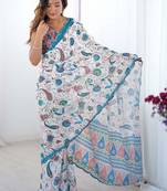 White ethnic motifs mirror work pure chiffon saree