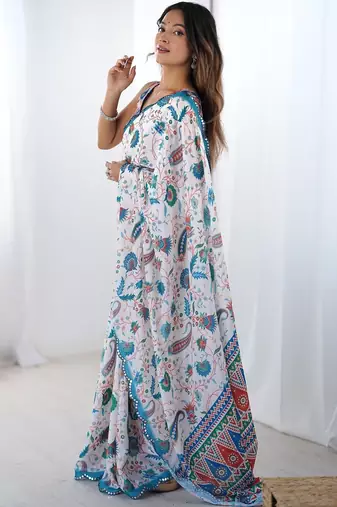 White ethnic motifs mirror work pure chiffon saree
