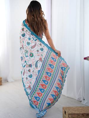 White ethnic motifs mirror work pure chiffon saree 3