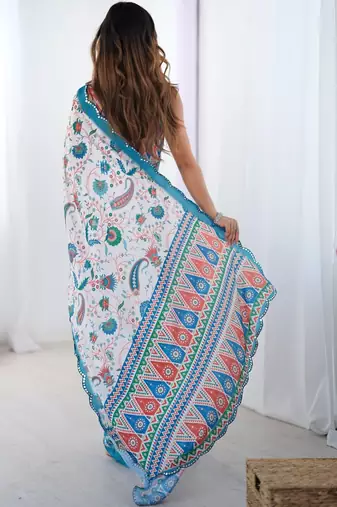 White ethnic motifs mirror work pure chiffon saree