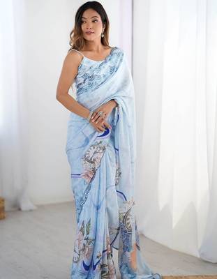 Blue floral sequinned pure chiffon saree 1