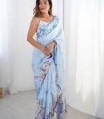 Blue floral sequinned pure chiffon saree