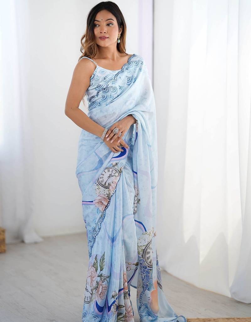 Blue floral sequinned pure chiffon saree